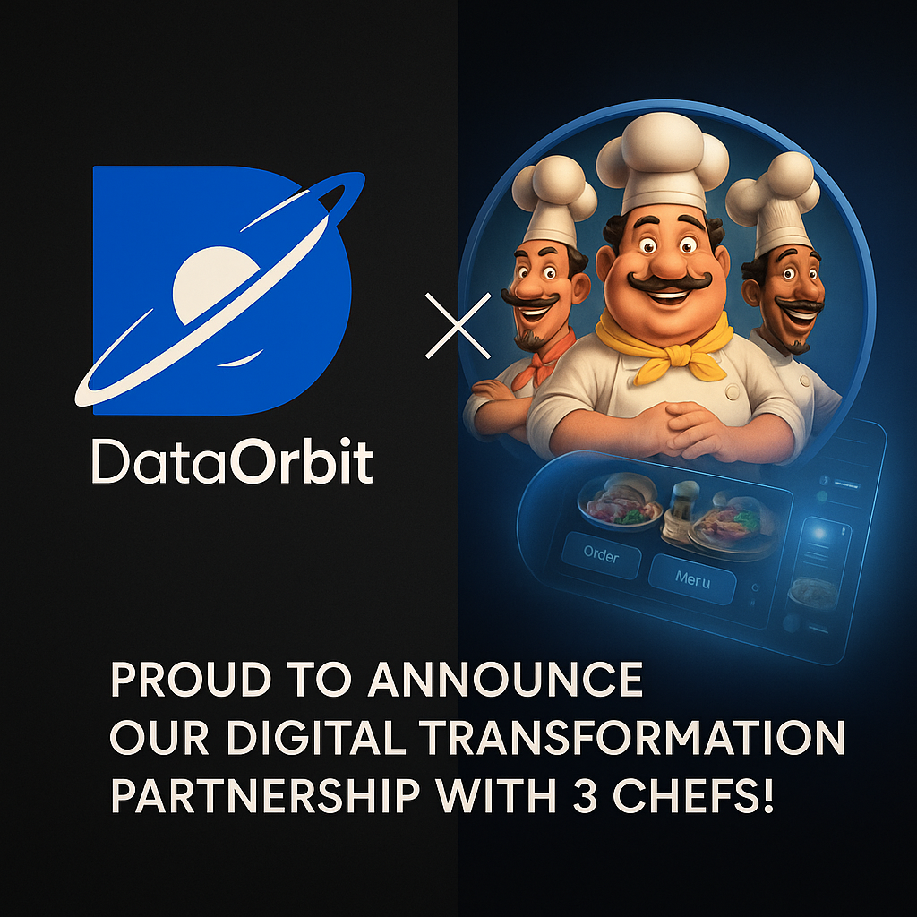 Announcement graphic for the DataOrbit and 3 Chefs digital transformation partnership, showing the DataOrbit logo next to three illustrated chefs
